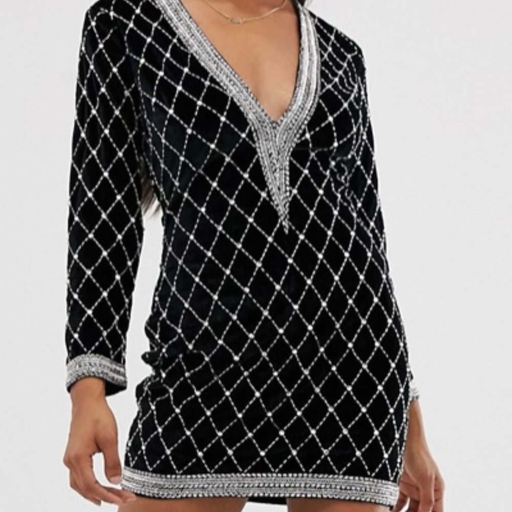 Asos Velvet Sequin Embellished Deep V Mini Dress 6